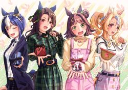  4girls absurdres ahoge animal_ears bag blonde_hair blue_hair blue_jacket blush bow box braid breasts brown_hair buckle casual cesario_(casual)_(umamusume) cesario_(umamusume) chocolate collared_shirt commentary_request crown_braid dress ear_covers ear_ribbon fusaichi_pandora_(casual)_(umamusume) fusaichi_pandora_(umamusume) gift gift_box green_bow green_dress green_eyes hair_between_eyes hair_bun hair_ornament heart heart-shaped_buckle highres holding holding_bag holding_box horse_ears horse_girl horse_tail jacket jewelry kanaga king_halo_(casual)_(umamusume) king_halo_(umamusume) long_hair long_sleeves looking_at_viewer medium_breasts medium_hair multicolored_hair multiple_girls neck_ribbon necklace one_eye_closed open_clothes open_jacket open_mouth overalls pants pink_overalls pink_skirt red_eyes rhein_kraft_(casual)_(umamusume) rhein_kraft_(umamusume) ribbon shirt skirt smile striped_clothes striped_dress tail team_ascella twintails umamusume vertical-striped_clothes vertical-striped_dress violet_eyes white_shirt yellow_shirt 
