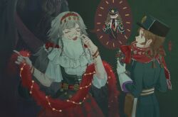  3girls aima_(reverse:1999) behind_another black_coat black_corset black_dress blue_eyes braid braided_hair_rings chinese_commentary christmas_wreath closed_eyes coat commentary_request corset corvus_(reverse:1999) dress fake_beard fake_facial_hair fake_mustache gloves green_background green_hat green_jacket grey_hair hair_rings hairband hat head_out_of_frame highres holding jacket looking_at_another low_twintails multiple_girls open_mouth peaked_cap profile quad_braids red_hairband red_sash red_scarf red_skirt reverse:1999 rokilly rubuska sash scarf shirt short_sleeves shoulder_sash skirt spoken_character twintails twirling_mustache upper_body white_gloves white_shirt wreath 