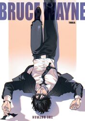  1boy :| bags_under_eyes batman_(series) belt black_eyes black_hair black_jacket black_necktie bruce_wayne character_name closed_mouth collared_shirt dc_comics drop_shadow english_text feet_out_of_frame full_body highres holding jacket knees_up looking_at_viewer lying male_focus necktie on_back shirt short_hair solo suit_jacket the_batman_(2022) tikklil upside-down white_shirt 