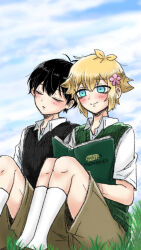  2boys antenna_hair basil_(faraway)_(omori) basil_(omori) black_hair black_sweater_vest blue_sky blush book brown_shorts closed_eyes closed_mouth clouds collared_shirt commentary day double-parted_bangs flower germany_omori grass hair_between_eyes hair_flower hair_ornament highres holding holding_book kneehighs knees_up male_focus multiple_boys omori open_book outdoors shirt short_sleeves shorts sidelocks sitting sky smile socks sunny_(omori) sweater_vest untranslatable_commentary white_shirt white_socks 