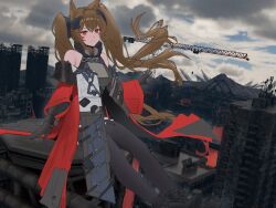  1girl absurdres angelina_(arknights) animal_ear_fluff animal_ears arknights arknights:_endfield bare_shoulders black_thighhighs breasts brown_hair building city coat dangling dress floating_clothes floating_hair fold-over_boots fox_ears fox_girl gilberta_(arknights) grey_dress headpiece high_collar high_up highres impossible_clothes impossible_dress long_hair long_sleeves looking_at_viewer medium_breasts molyb off_shoulder open_clothes open_coat originium_(arknights) outdoors overcast red_coat red_eyes sitting sky skyscraper solo thigh-highs twintails 