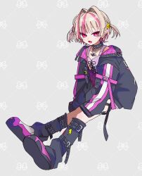  1girl absurdres arm_belt bat_necklace belt black_collar black_jacket black_leg_warmers blunt_bangs blush chain chain_necklace collar collarbone colored_inner_hair crop_top cross-laced_clothes cross-laced_top earclip fang from_side full_body grey_background grey_hair hair_intakes hair_ornament hashtag-only_commentary highres jacket jewelry leg_belt leg_warmers lightning_bolt_print looking_at_viewer loose_belt makaino_ririmu makaino_ririmu_(6th_costume) multicolored_hair multicolored_hair_bobbles necklace nijisanji no_headwear o-ring_collar open_clothes open_jacket open_mouth pendant pink_belt pink_hair pink_jacket pink_shoes pink_streaks plaid_clothes pocket pointy_ears red_eyes shoes short_hair simano29 sitting skin_fang sleeves_past_fingers sleeves_past_wrists smile solo spiked_collar spikes star_(symbol) star_hair_ornament streaked_hair thigh_strap two-sided_fabric two-sided_jacket two-tone_hair two_side_up unbuttoned unzipped virtual_youtuber wolf_cut zipper_top 