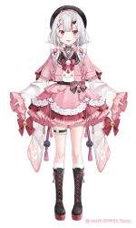  1girl beret black_boots black_corset black_hat boots capelet center-flap_bangs commentary_request copyright_name corset detached_sleeves frilled_kimono frilled_shirt_collar frilled_sleeves frills full_body gradient_hair grey_hair hair_between_horns hair_ornament hat highres hololive horns japanese_clothes kimono knee_boots kneehighs lace-up_boots long_hair long_sleeves low_twintails multicolored_hair nakiri_ayame nakiri_ayame_(10th_costume) o-ring o-ring_thigh_strap official_alternate_costume official_alternate_hairstyle official_art oni pink_capelet pink_kimono pom_pom_(clothes) pom_pom_hair_ornament puffy_short_sleeves puffy_sleeves red_eyes red_hair sakura_shiori short_sleeves simple_background skin-covered_horns socks solo streaked_hair thigh_strap twintails two-tone_kimono variations virtual_youtuber white_background white_kimono white_socks wide_sleeves x_hair_ornament 