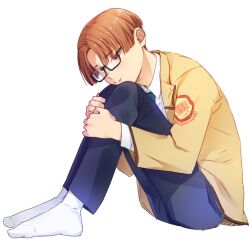  1boy :t angel_beats! black_pants blunt_ends brown_eyes brown_hair closed_mouth collared_shirt commentary from_side full_body glasses hugging_own_legs jacket leaning_forward long_sleeves male_focus no_shoes pants pout satomi_yoshitaka semi-rimless_eyewear shirt short_hair simple_background socks solo takeyama_(angel_beats!) white_background white_shirt white_socks yellow_jacket 