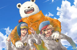  3boys bear bepo_(one_piece) blonde_hair blue_sky clouds commentary_request dutch_angle heart_pirates_jolly_roger jumpsuit male_focus multiple_boys one_eye_closed one_piece open_mouth orange_jumpsuit penguin_(one_piece) shachi_(one_piece) sharp_teeth sky smile sunglasses teeth upper_body white_jumpsuit yoico-ueda 