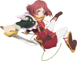  1girl artist_request bandana belt black_jacket blue_eyes boots breasts brown_belt brown_boots dagger dress full_body game_cg hair_ornament holding holding_behind_back holding_dagger holding_knife holding_weapon holding_weapon_behind_back jacket knife looking_at_viewer medium_breasts midair official_art open_mouth pants pink_hood red_dress red_hair rose_(tales) sheath short_hair solo tales_of_(series) tales_of_asteria tales_of_zestiria third-party_source transparent_background weapon white_pants yellow_bandana 