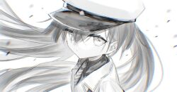  1girl collared_shirt commentary_request greyscale hair_between_eyes hat jacket long_hair looking_at_viewer military_hat military_jacket military_uniform minus_(reverseblue) monochrome necktie nixta0x0 peaked_cap reverseblue_x_re-birthend shirt solo striped_clothes striped_necktie twintails 