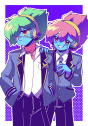  2boys alternate_costume black_pants blue_necktie blue_skin blush captain_spaceboy closed_mouth collared_shirt colored_sclera colored_skin commentary_request double-parted_bangs dual_persona eyepatch green_hair hair_between_eyes hand_on_another's_shoulder headphones highres jewelry long_sleeves looking_at_another male_focus multiple_boys necklace necktie omori open_mouth outline pants red_eyes shirt short_hair smile sweatdrop white_outline white_shirt yellow_sclera zabalam_inana 