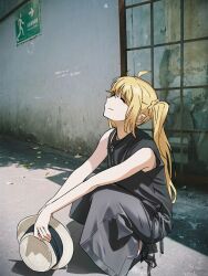  1girl :| alternate_costume black_pants black_tank_top blonde_hair boater_hat bocchi_the_rock! braid closed_eyes closed_mouth commentary day full_body hat highres holding holding_unworn_clothes holding_unworn_hat ijichi_nijika long_hair outdoors pants photo_background shadow side_ponytail side_ponytail_with_braided_base solo squatting summer tank_top unworn_hat unworn_headwear user_trsh4774 