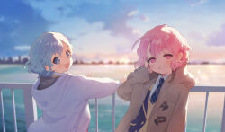  1boy 1girl against_railing arm_behind_head blazer blue_eyes blue_hair blue_jacket blue_necktie blurry blurry_background braid brother_and_sister brown_coat coat collared_shirt commentary dorothy_west grin highres hood hood_down hooded_coat jacket long_sleeves looking_at_viewer machico_maki mole mole_under_eye necktie open_clothes open_coat open_jacket open_mouth outdoors pink_eyes pink_hair pretty_series pripara railing reona_west shirt short_hair siblings single_braid smile sweater_vest trap twins white_coat white_shirt yellow_sweater_vest 