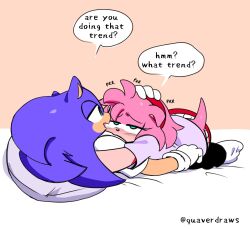  1boy 1girl amy_rose animal_nose blue_fur commentary cuddling english_commentary english_text furry furry_female furry_male gloves green_eyes hairband hand_on_another's_head hedgehog_boy hedgehog_girl highres looking_at_another lying lying_on_person on_back on_bed petting pink_fur quaverdraws red_hairband shirt short_tail signature sonic_(series) sonic_the_hedgehog sound_effects speech_bubble tail white_gloves white_shirt 