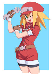  1girl bike_shorts black_shorts blonde_hair blush brown_gloves commentary_request gloves green_eyes hair_between_eyes hat highres holding holding_wrench long_hair looking_at_viewer mega_man_(series) mega_man_legends_(series) one_eye_closed open_mouth red_hat roll_caskett_(mega_man) shorts sidelocks smile solo teeth upper_teeth_only wrench yachima_tana zipper zipper_pull_tab 