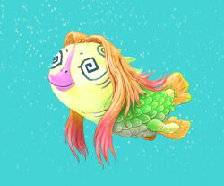  1girl @_@ amabie beak blonde_hair bubble commentary facial_mark fins fish_girl fish_tail gills gradient_hair gradient_scales green_scales grey_scales highres long_hair monster_girl multicolored_hair no_humans nostrils original red_hair smile solo swimming tail traditional_youkai underwater user_zwnh8824 water 