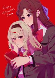  2girls :/ behind_another blonde_hair blush bow bowtie box brown_hair closed_mouth commentary grey_jacket hair_between_eyes hair_bow hair_ornament half_updo hand_on_own_cheek hand_on_own_face hand_up happy_valentine head_on_head head_rest heart heart-shaped_box highres holding holding_box jacket light_smile long_hair long_sleeves looking_ahead looking_at_another multiple_girls open_clothes open_jacket parted_bangs pink_eyes purple_bow raven_(rnzraven) red_background red_bow red_bowtie saijou_claudine school_uniform seishou_music_academy_uniform shirt shoujo_kageki_revue_starlight sidelocks simple_background tendou_maya untranslatable_commentary upper_body v-shaped_eyebrows valentine violet_eyes white_shirt x_hair_ornament 