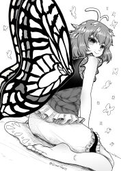  1boy absurdres antennae artist_name barefoot bug butterfly butterfly_wings closed_mouth commentary_request dress dutch_angle eternity_larva frilled_dress frills from_behind full_body greyscale highres insect_wings leaf looking_at_viewer monochrome qcezssxx123 short_hair simple_background sitting sleeveless sleeveless_dress smile soles solo touhou turning_head wariza white_background wings 