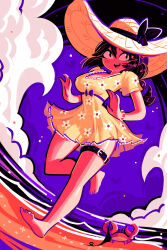  1girl andaerz barefoot beach belt black_hair black_panties blush blush_stickers bracelet clouds commission crab dress floral_print frilled_dress frills hat highres holding holding_panties holding_underwear holding_unworn_clothes jewelry limited_palette long_hair lucia_(scott_malin) ocean original panties ponytail scott_malin sun_hat thigh_belt thigh_strap underwear unworn_panties yellow_dress 