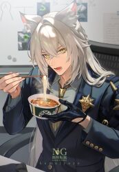  1boy animal_ear_fluff animal_ears black_gloves chair chopsticks clothing_cutout collared_shirt commentary_request crossed_bangs double-parted_bangs food glove_cutout gloves highres holding holding_chopsticks holding_food instant_noodles jacket kumajyayo lapels layered_sleeves long_sleeves male_focus necktie open_mouth severian_lowell shirt sitting slit_pupils solo watermark white_shirt wing_collar yellow_eyes zenless_zone_zero 