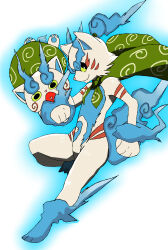 2boys :o animal_ears bag black_eyes blue_fur blue_hair body_markings cape clenched_hand evolutionary_line eyebrows fire fluffy fur furry heart height_difference koma-san komainu male male_focus male_only no_humans open_mouth pawpads ponytail shishikoma simple_background size_difference smile swirl tail white_fur wrist_cuffs yellow_sclera youkai youkai_watch