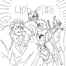  3boys chainsaw_man cho_kaguya-hime! cigarette commentary_request face_piercing facial_hair formal_clothes fur_shawl hakari_kinji hayakawa_aki holding holding_cigarette japanese_clothes jujutsu_kaisen kkangmuu korean_commentary lip_piercing lip_ring long_sleeves male_focus mikado_akira_(cho_kaguya-hime!) multiple_boys mustache_stubble piercing shawl short_hair side_labret_piercing smile stubble topknot weapon weapon_on_back 