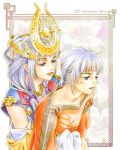  blue_eyes crown detached_sleeves freyjadour_falenas gensou_suikoden gensou_suikoden_v hug jewelry lowres mother_and_son necklace robe silver_hair suikoden suikoden_v 