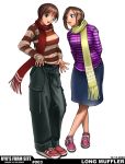  2girls arms_behind_back brown_hair crossed_legs_(standing) full_body horizontal-striped_shirt horizontal_stripes long_sleeves one_eye_closed pants red_neckwear red_scarf ryu_(artist) scarf shoes short_hair simple_background skirt sneakers standing striped striped_shirt sweater tomboy white_background 