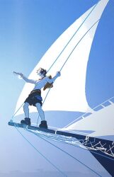  1boy arms_up black_hair black_shoes black_shorts blue_background hat male_focus one_piece onecata11 outstretched_arm portgas_d._ace sail ship shoes short_hair shorts solo standing topless_male unworn_hat unworn_headwear watercraft 