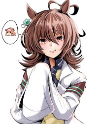  1girl absurdres agnes_tachyon_(tach-nology)_(umamusume) agnes_tachyon_(umamusume) ahoge animal_ears black_necktie blush brown_hair chemical_structure closed_mouth coat commentary_request earrings guinea_pig hair_between_eyes highres horse_ears horse_girl jewelry kentan_(kingtaiki) lab_coat long_sleeves medium_hair necktie red_eyes shirt short_necktie simple_background single_earring sleeves_past_fingers sleeves_past_wrists smile solo speech_bubble sweater sweater_vest umamusume upper_body white_background white_coat wolf_cut yellow_sweater yellow_sweater_vest 