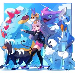  1girl absol alternate_color bag black_jacket black_thighhighs border clulless commentary crossover eevee english_commentary feraligatr gallade gem haunter highres hololive hololive_english houndoom jacket jewel_under_eye koseki_bijou long_hair long_sleeves looking_at_viewer open_mouth outside_border pink_shorts pointing pokemon pokemon_(creature) purple_gem purple_hair purple_shoes shiny_pokemon shoes shorts shoulder_bag smile thigh-highs violet_eyes virtual_youtuber walking white_border 