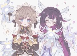  ! !? 2girls ? black_bow black_collar black_dress black_hair black_sleeves blue_eyes blush bonnet bow brown_hair chestnut_mouth closed_eyes closed_mouth collar colored_inner_hair columbina_(genshin_impact) commentary detached_collar detached_sleeves dress eye_mask flower_symbol gem genshin_impact gloves hair_ornament hammer highres holding holding_screwdriver holding_wrench kuuhenki_(genshin_impact) long_hair luonnotar_(genshin_impact) mask multicolored_hair multiple_girls musical_note open_mouth purple_hair purple_streaks red_gem sandrone_(genshin_impact) screwdriver see-through_clothes see-through_mask short_hair_with_long_locks simple_background smile strapless strapless_dress sweatdrop twitter_username two-tone_hair upper_body very_long_hair white_background white_bow white_dress white_gloves white_headdress wing_hair_ornament wrench x-shaped_eyewear yapc03 yellow_bow 