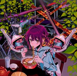  1girl apron bicycle blue_jacket braid brown_eyes brown_hair chinese_clothes chopsticks colored_inner_hair commentary_request cute_weapon eating fingernails food glasses gun hedgehog holding holding_chopsticks holding_spoon hood hood_down hooded_jacket instant_cup_noodles instant_noodles jacket leaf long_sleeves looking_afar looking_at_viewer maid_apron mirror_tune_(zutomayo) multicolored_hair myon_(tokipi) nira-chan nira-chan_(mirror_tune)_(zutomayo) nissin_raoh noodles official_alternate_costume official_alternate_hair_color official_alternate_hairstyle orange_hair spoon streaked_hair table uniguri_(zutomayo) weapon white_apron zutto_mayonaka_de_ii_no_ni 