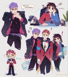  ! 1girl 2boys ? aiming alternate_costume anger_vein armband belt belt_buckle black_bow black_bowtie black_coat black_eyes black_pants black_shirt blue_eyes blue_pupils blue_shirt bow bowtie brown_hair buckle caine_(the_amazing_digital_circus) clenched_teeth clone closed_mouth coat coffee colored_teeth crying cup disposable_coffee_cup disposable_cup earrings elbow_rest english_text eye_in_mouth feet_out_of_frame gloves green_eyes grey_background gun hand_around_neck hand_on_own_face hat heterochromia highres holding holding_gun holding_tablet_pc holding_weapon humanization jax_(the_amazing_digital_circus) jewelry lapels long_sleeves looking_at_another looking_at_viewer looking_to_the_side medium_hair mini_person miniboy mismatched_pupils motion_lines multiple_boys multiple_views narrow_waist open_mouth pants paper parted_lips pink_suit plant pomni_(the_amazing_digital_circus) purple_belt purple_hair rabbit_earrings rabbit_necklace red_armband red_hair red_pupils red_shirt red_tailcoat running science_fiction shirt short_hair simple_background sitting smirk speech_bubble spilling stain standing suit tablet_pc talking teeth the_amazing_digital_circus top_hat two-tone_shirt upper_body weapon white_gloves white_shirt xiaowu_nora yellow_eyes yellow_teeth 