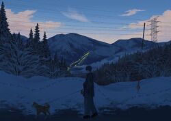  1boy animal arms_at_sides bare_tree black_coat black_hair black_shoes blue_sky blue_theme city_lights clouds coat commentary_request dog footprints forest from_side full_body gensuke_(ryun) grey_pants hand_in_pocket highres hill holding holding_leash landscape leash mountainous_horizon nature original outdoors pants pet pet_walking power_lines scenery shiba_inu shoes short_hair sky snow solo star_(sky) transmission_tower tree twilight valley very_short_hair walking winter 