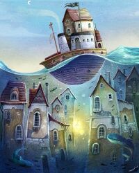  animal boat building crescent_moon evening fish flag flagpole francisco_fonseca highres house lantern moon no_humans ocean original outdoors skull_and_crossbones smoke water watercraft whale 