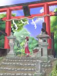  broom hakurei_reimu highres japanese_clothes miko ribbon ribbons shide shimenawa shrine sky stone_lantern take_out_(artist) temple torii touhou tree trees 