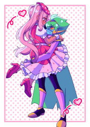  1boy 1girl bow captain_spaceboy closed_mouth colored_sclera commentary_request dark-skinned_female dark_skin dress eyepatch green_hair hair_bow heart high_heels highres hug long_hair official_alternate_hair_color omori pink_bow pink_dress pink_hair pink_shoes polka_dot polka_dot_bow puffy_short_sleeves puffy_sleeves red_eyes shoes short_hair short_sleeves sweetheart_(omori) twintails yellow_sclera zabalam_inana 