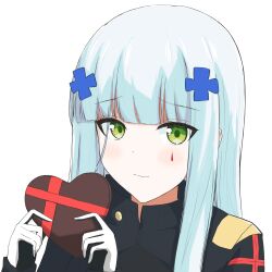  1girl blue_hair blush box cross facepaint gift girls_frontline gloves green_eyes hair_ornament hairclip hands_up heart-shaped_box highres hk416_(girls'_frontline) holding holding_gift iron_cross jacket light_smile long_hair solo teardrop upper_body valentine very_long_hair yume_img 