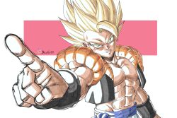  1boy abs absurdres beatlo_(rodrigo38658978) black_vest blonde_hair commentary cowboy_shot cropped_vest dragon_ball dragon_ball_z gogeta green_eyes highres medium_hair metamoran_vest muscular muscular_male no_shirt simple_background solo spiky_hair super_saiyan super_saiyan_1 vest white_background 