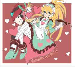  1boy 2girls blonde_hair blue_eyes border brown_background chocolate ciel_(mega_man) dress forehead_jewel full_body green_dress helmet high_ponytail highres mega_man_(series) mega_man_x_(series) mega_man_x_dive mega_man_zero_(series) multiple_girls official_alternate_costume ponytail raica_(khongbautroi) red_helmet simple_background solo_focus valentine white_border zero(z)_(mega_man) zero_(mega_man) 