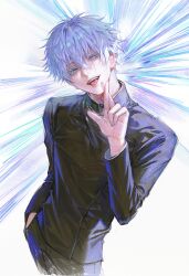  1729shun 1boy absurdres black_jacket black_pants blue_eyes commentary cropped_legs crossed_fingers gojou_satoru hair_between_eyes hand_in_pocket hashtag-only_commentary highres jacket jujutsu_kaisen jujutsu_tech_uniform looking_at_viewer male_focus open_mouth pants short_hair simple_background solo tongue tongue_out white_background white_hair 