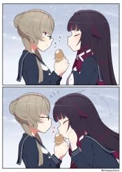  2girls akisaka_akira alternate_costume black_hair black_sailor_collar black_serafuku blue_eyes bread brown_hair closed_eyes closed_mouth columbina_(genshin_impact) commentary_request eating food genshin_impact glasses hair_bun hair_flaps hair_ribbon long_hair long_sidelocks long_sleeves multicolored_hair multiple_girls neckerchief purple_hair purple_streaks ribbon sailor_collar sandrone_(genshin_impact) school_uniform serafuku short_hair_with_long_locks sidelocks snowing streaked_hair two-tone_hair very_long_hair waiting_for_kiss white_sailor_collar winter_uniform yuri 