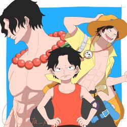  1boy abs aged_down black_hair blue_background border child commentary_request freckles hands_on_own_hips hat highres jewelry male_focus necklace one_piece open_clothes open_shirt orange_hat pearl_necklace portgas_d._ace pouch shirt short_hair smile solo thigh_pouch topless_male twitter_username u_ta_p white_border yellow_shirt 