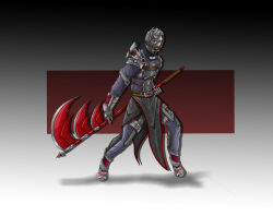  1boy absurdres alternate_universe armor armor_strap armored_bodysuit armored_boots black_background black_bodysuit black_sclera blue_bodysuit bodysuit bodysuit_under_clothes boots breastplate colored_sclera commentary cuisses deadsoulart drop_shadow english_commentary full_body gauntlets gradient_background grey_background hidan_(naruto) highres holding holding_behind_back holding_scythe holding_weapon_behind_back looking_at_viewer mask multicolored_bodysuit naruto_(series) naruto_shippuuden pauldrons pelvic_curtain red_background red_eyes red_trim science_fiction scythe shadow shoulder_armor solo square triangle two-tone_bodysuit white_background 