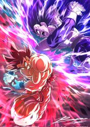  2boys aura black_hair blue_bodysuit bodysuit boots boyerjorys clenched_teeth dragon_ball dragon_ball_z galick_gun gloves highres kamehameha_(dragon_ball) male_focus midair monkey_tail multiple_boys muscular muscular_male open_mouth powering_up saiyan_armor son_goku spiky_hair tail teeth topless_male vegeta veins white_boots white_gloves 