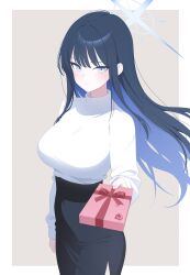  1girl absurdres alternate_costume black_hair black_skirt blue_archive blue_eyes blue_hair blue_halo blue_nns09 border breasts brown_background colored_inner_hair commentary_request cowboy_shot gift halo highres holding holding_gift incoming_gift large_breasts long_hair long_sleeves looking_at_viewer multicolored_hair outside_border parted_lips pencil_skirt saori_(blue_archive) skirt solo sweater turtleneck two-tone_hair valentine white_border white_sweater 