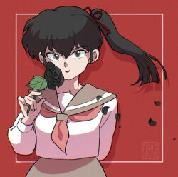  1girl arm_behind_back black_flower black_rose brown_sailor_collar brown_skirt flower green_eyes hashtag-only_commentary kunou_kodachi pale_skin ranma_1/2 red_background red_lips rose sailor_collar school_uniform side_ponytail skirt solo tokito_rk 