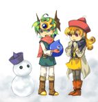  boots cape dragon_quest dragon_quest_iv dress gloves hat hero_(dq4) leggings lowres male_hero_(dq4) mayuzumi pantyhose red_eyes red_hair redhead slime slime_(dragon_quest) snowman white_legwear yellow_dress 