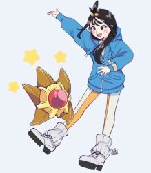  1girl black_hair blue_background blue_jacket faux_retro_artstyle highres jacket kaguras-art lida_(pokemon) looking_at_another mega_ring pants pokemon pokemon_(creature) pokemon_legends:_z-a shoes sneakers star_(symbol) starfish staryu track_pants white_shoes 