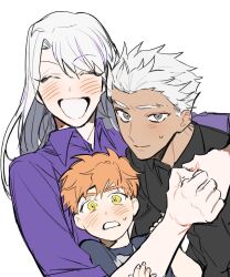  1girl 2boys aged_up archer_(fate) blush brother_and_sister commentary_request cu_churain dark-skinned_male dark_skin emiya_shirou fate/stay_night fate_(series) happy highres hug illyasviel_von_einzbern korean_commentary long_hair multiple_boys siblings smile spiky_hair white_hair 