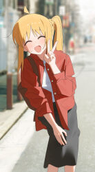  1girl :d ^_^ absurdres ahoge black_skirt blonde_hair blurry blurry_background blush bocchi_the_rock! braid choppy_bangs closed_eyes commentary_request day depth_of_field feet_out_of_frame hand_on_own_leg hand_up highres ijichi_nijika long_hair long_skirt long_sleeves open_clothes open_mouth open_shirt outdoors red_shirt shirt side_ponytail side_ponytail_with_braided_base skirt small_sweatdrop smile solo standing unbuttoned v white_shirt yioukei 