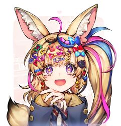  1girl :d ahoge animal_ear_fluff animal_ears bbcurry013 black_bow black_bowtie black_jacket black_nails blazer blonde_hair blue_nails blue_streaks blush bow bowtie brown_cardigan cardigan character_hair_ornament club_(shape) club_facial_mark club_hair_ornament collared_shirt commentary_request daifuku_(yukihana_lamy) decora diagonal-striped_bow diagonal-striped_bowtie diagonal-striped_clothes diamond_(shape) diamond_facial_mark dress_shirt earrings facial_mark fox_ears fox_girl fox_tail gyaru hair_bow hair_ornament hairclip hairpin head_rest heart heart_earrings heart_facial_mark heart_hair_ornament highres hololive jacket jewelry kogal long_hair mark_under_eye mismatched_earrings multicolored_bow multicolored_bowtie multicolored_hair multicolored_nails multiple_hair_bows multiple_hairpins nail_polish nekko_(momosuzu_nene) official_alternate_costume official_alternate_hairstyle omaru_polka omaru_polka_(school_uniform) open_mouth own_hands_clasped own_hands_together pink_nails pink_streaks red_bow red_bowtie school_uniform shirt side_ponytail smile solo spade_(shape) spade_earrings spade_facial_mark ssrb_(shishiro_botan) star-shaped_pupils star_(symbol) streaked_hair striped_bow striped_bowtie striped_clothes symbol-shaped_pupils tail teeth upper_body upper_teeth_only v-shaped_eyebrows very_long_hair violet_eyes virtual_youtuber white_shirt x_(symbol) x_facial_mark zain_(omaru_polka) 